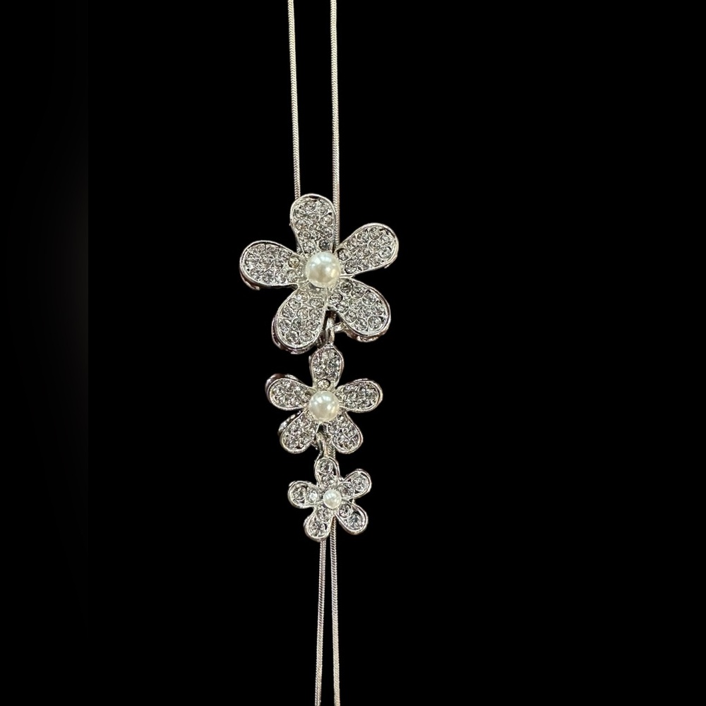 Silver Tone Adjustable Necklace with Rhinestones and Pearls